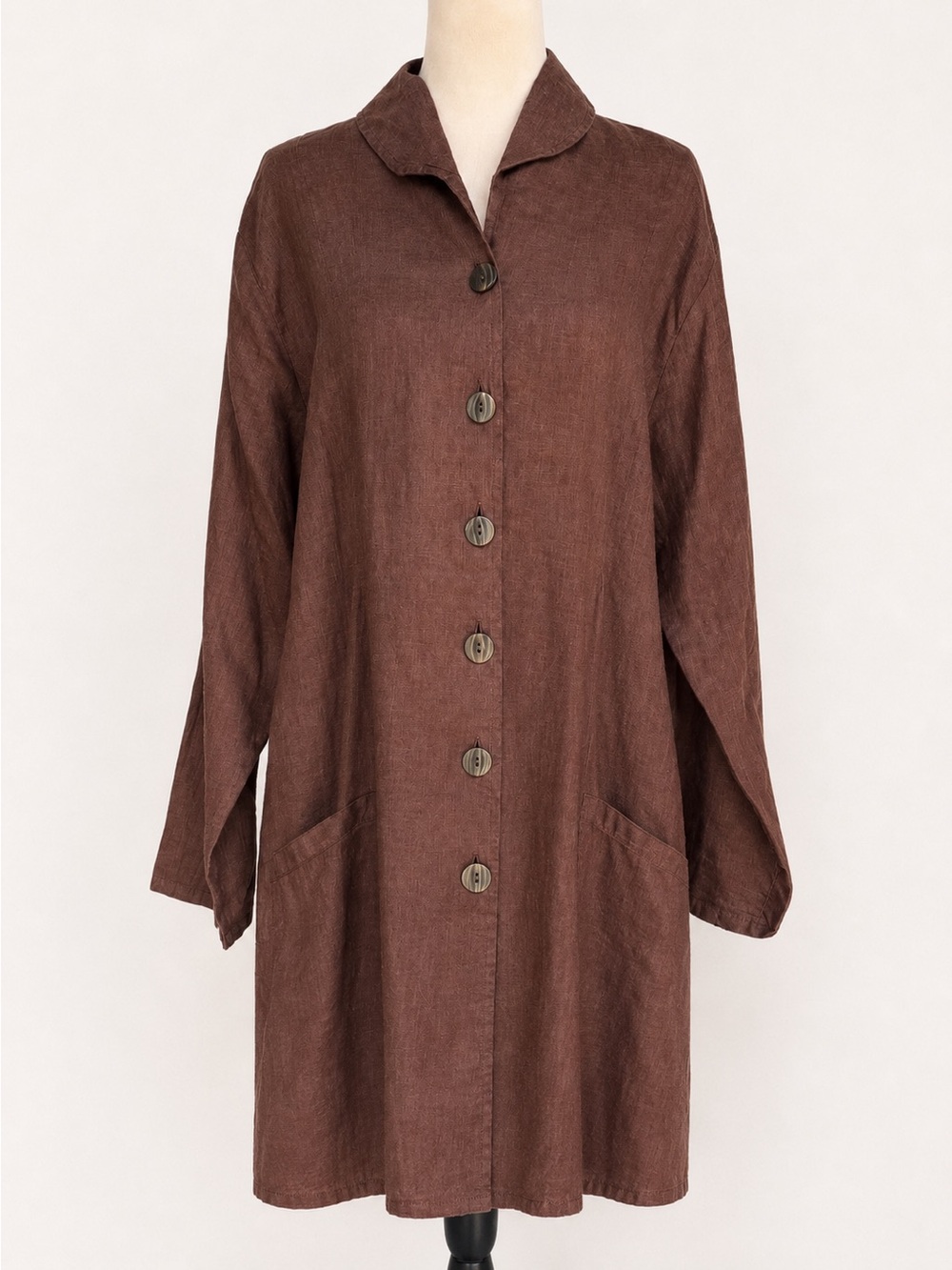FLAX Brown 100% Linen Button Front Midi Dress Pockets Lithuania M